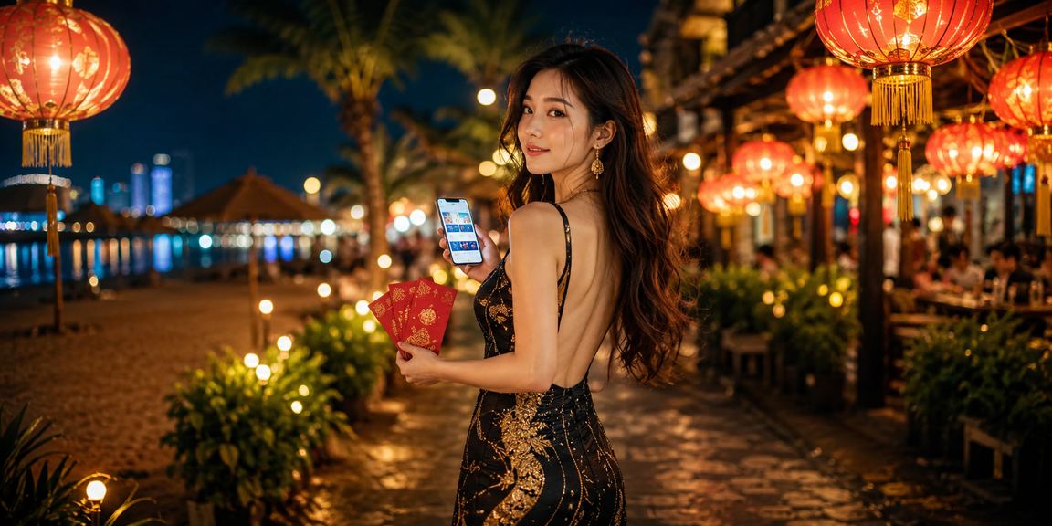 Cảnh chợ đêm Đà Nẵng với phong bao lì xì đỏ